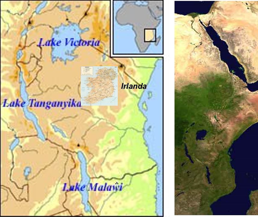 Cartina della regione dei grandi laghi e confronto con l'Irlanda